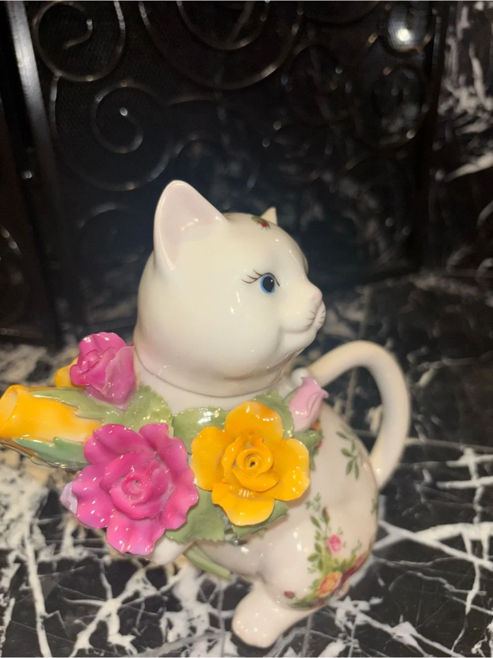 Royal Albert White Ceramic Cat Pitcher with Pink and Yellow Floral Bouquet